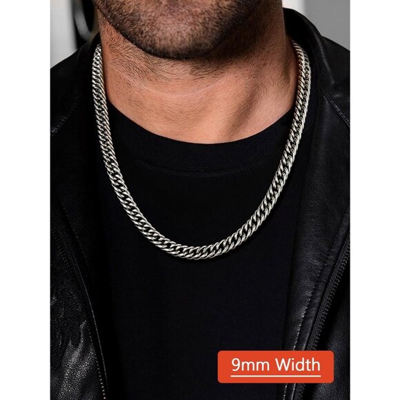 Men's 9mm Silver Stainless Steel 14K Gold Plated Miami Cuban Chain Necklaces - Picture 2 of 7